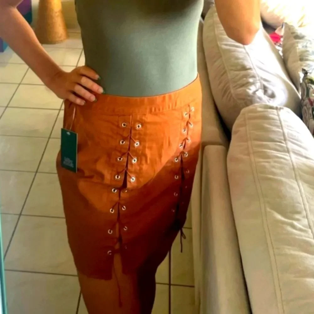 Ladies Cognac Brown Grommet Lace-Up Mini Skirt sz XXL